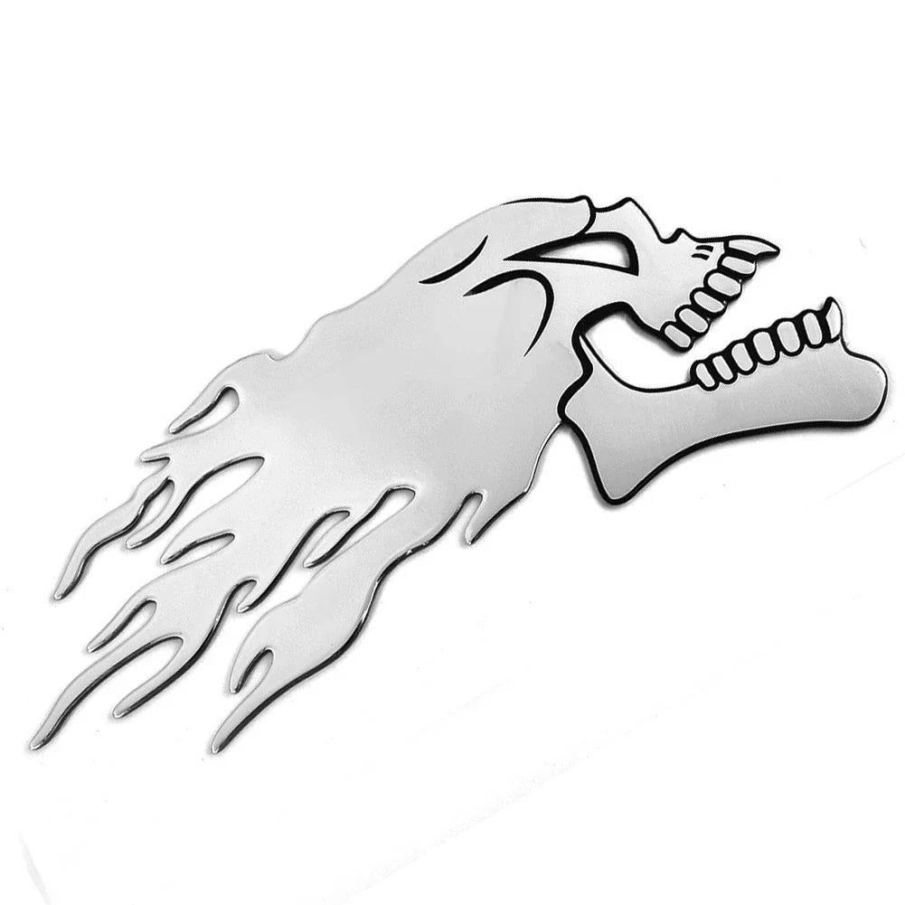 2 x Flaming Skull 3D Gel Sticker Decal L+R for Motorbike-Motorcycle Silver