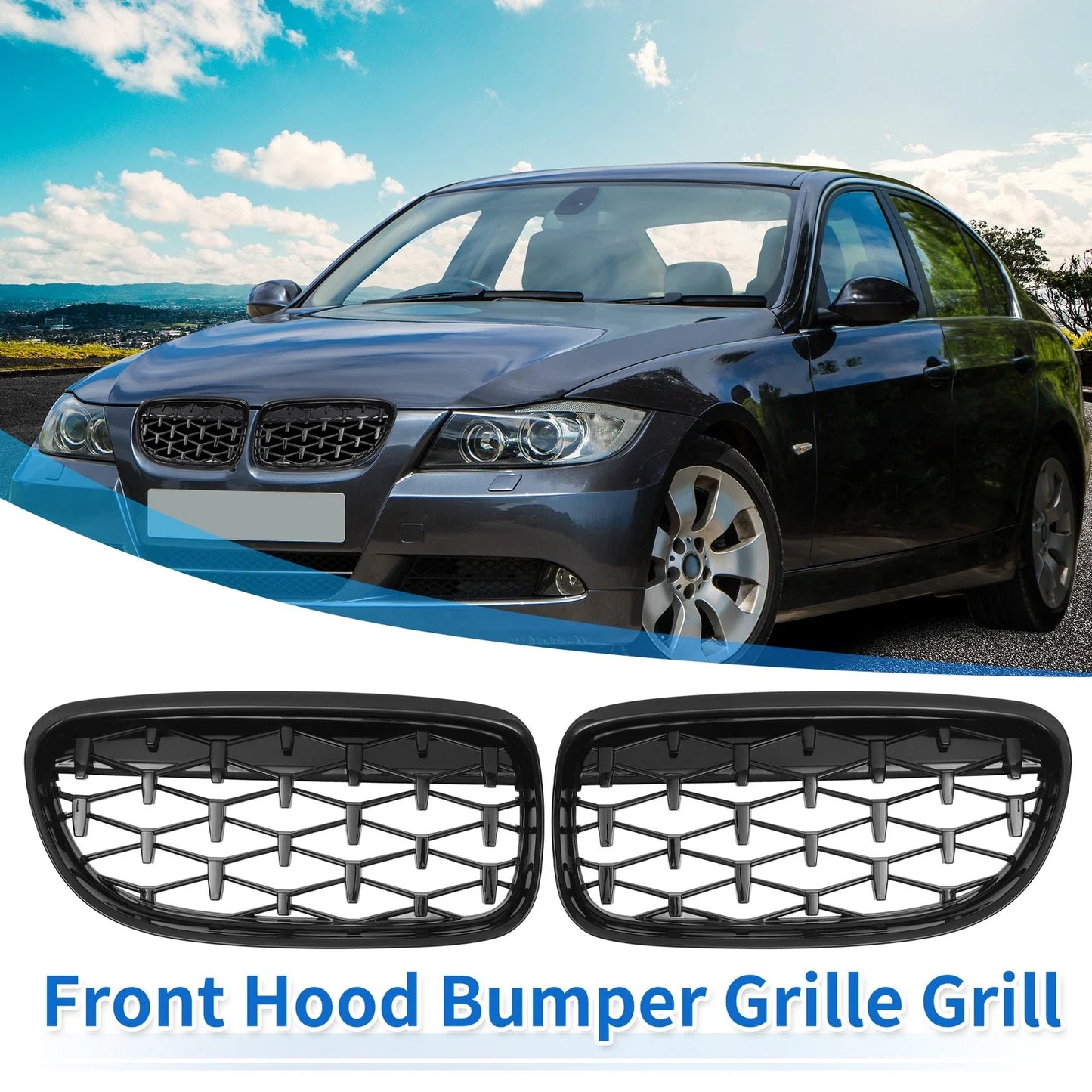 Front Hood Bumper Grille for BMW 335d 328i 335i xDrive E90 Black Pair