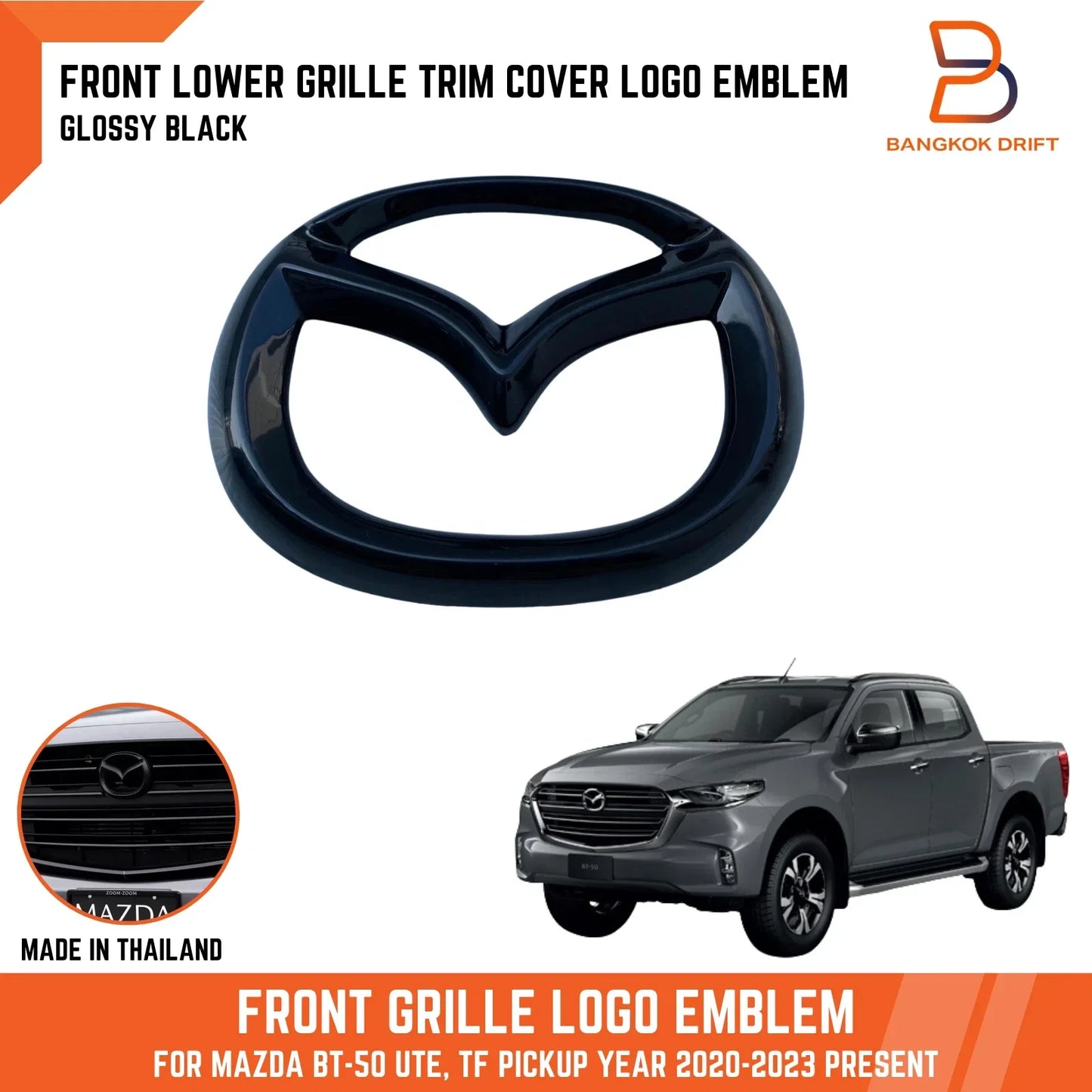 Glossy Black Front Grille Trim Emblem for Mazda BT-50 (2020-2024)