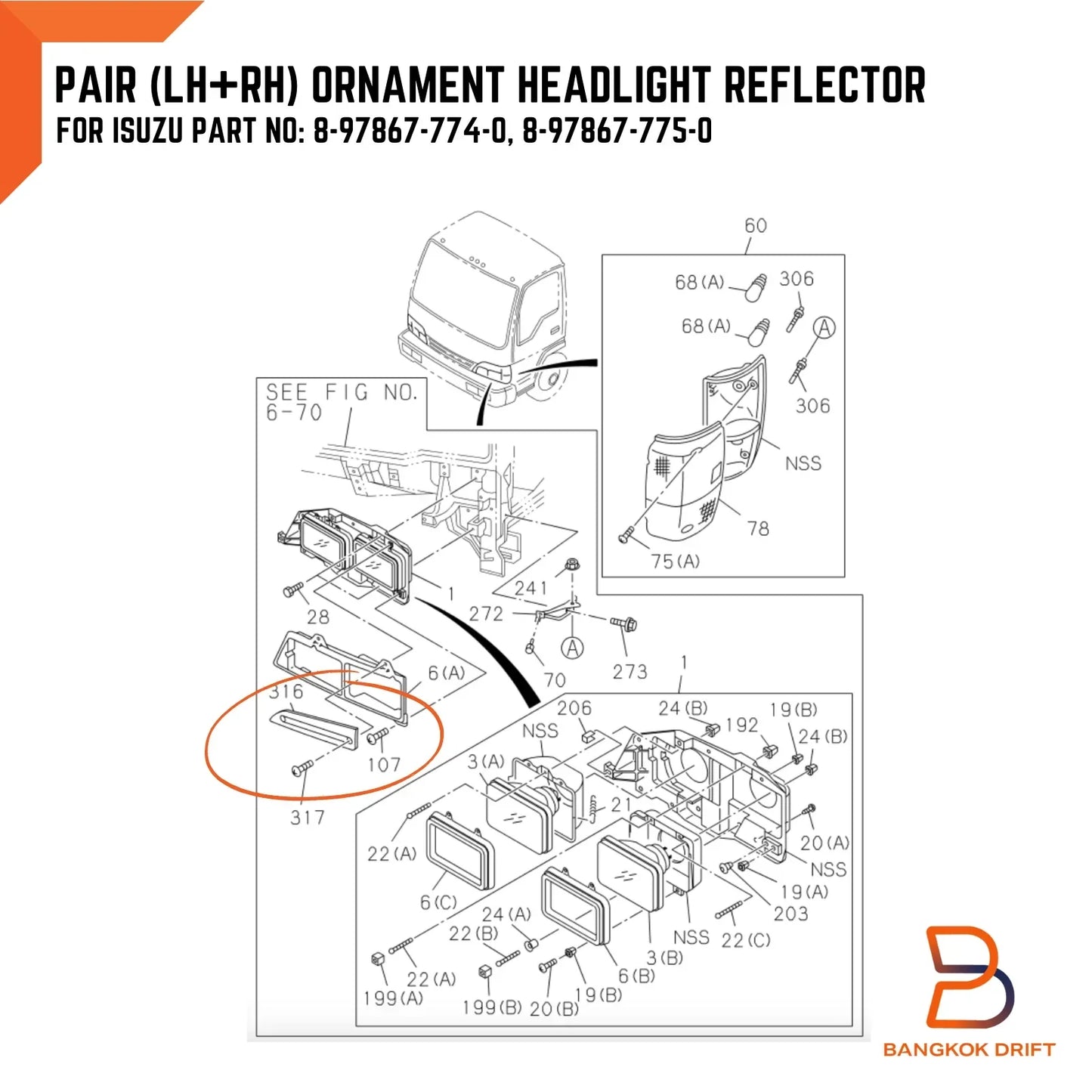 Amber Ornament Headlight Marker Reflector Pair for Isuzu Elf 250 NPR NHR (93-06)