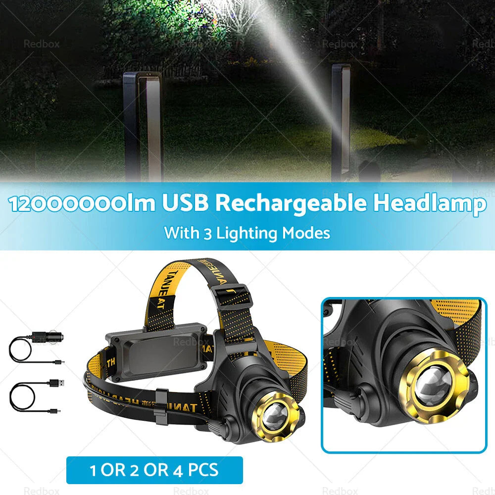 12000000lm LED Headlamp USB Rechargeable Headlight for Car