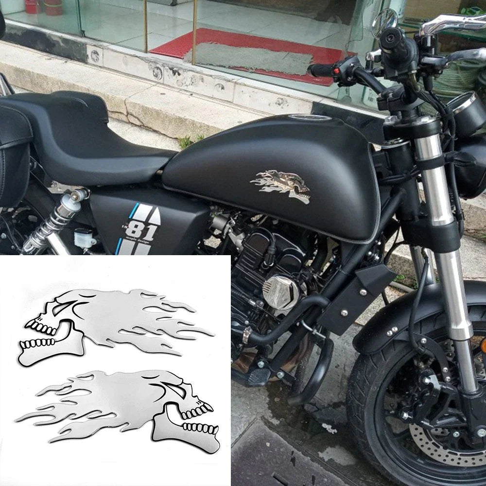 2 x Motorbike 3D Car Sticker Badge Body Decal Motorcycle Skull Silver for Motorbike