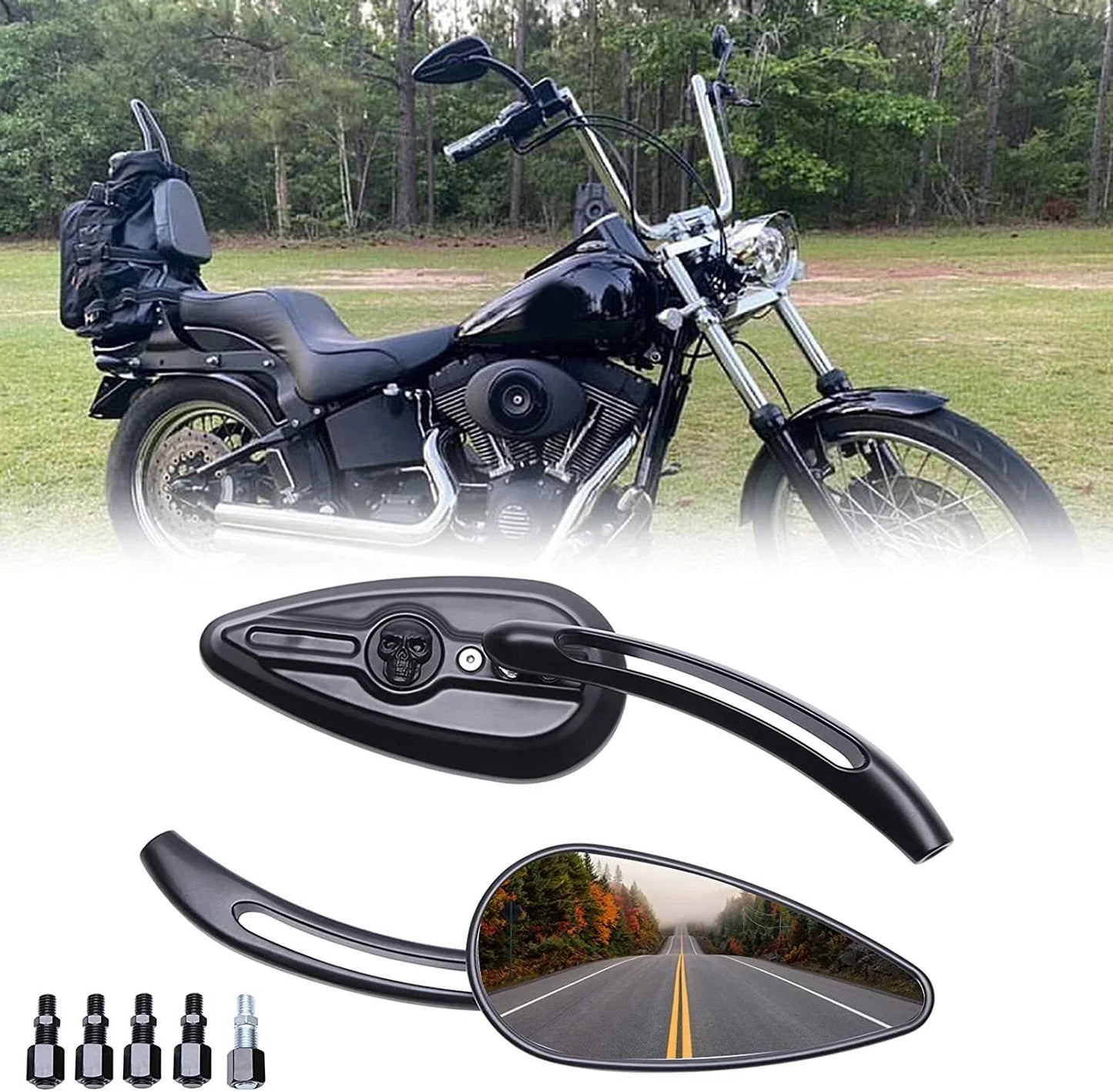 BLACK Rearview Mirrors with Skull Head for Harley-Davidson Fatboy (1990-2023)