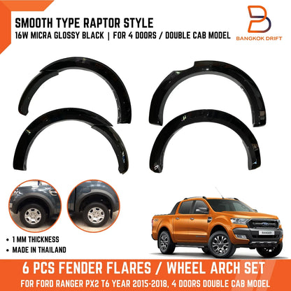 16W Raptor Style Black Fender Flares for Ford Ranger T6 PX2 (2015-2018)