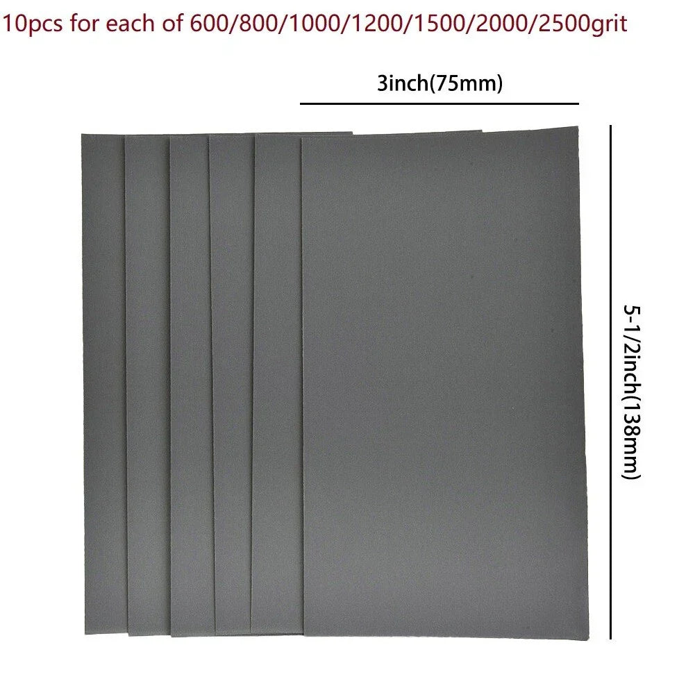 Sandpaper 70x Wet/Dry 3x5-1/2 600-2500 Grit for Auto Car Polisher Tool