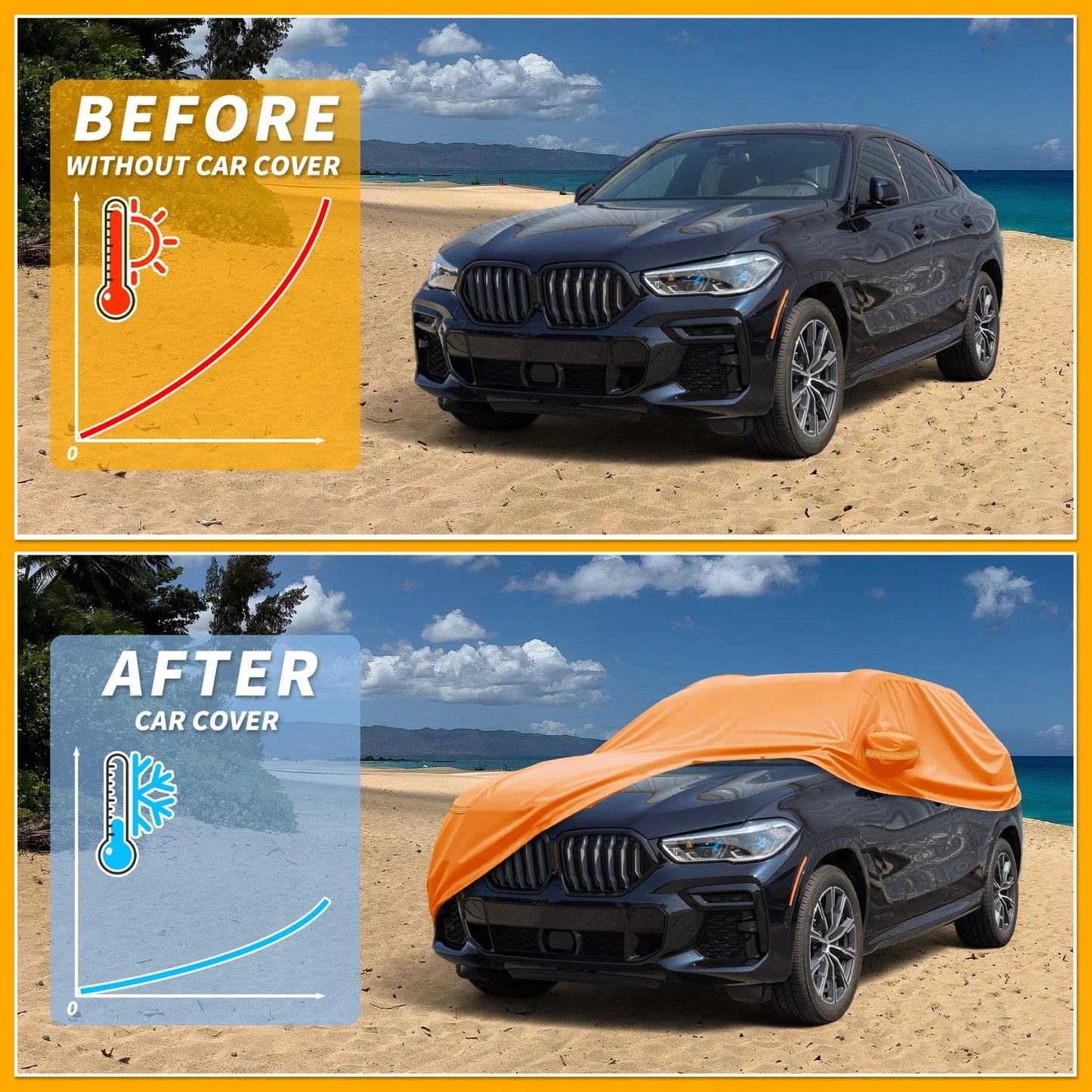Car Cover 210D-PU Waterproof All Weather for BMW X5 Orange Zipper