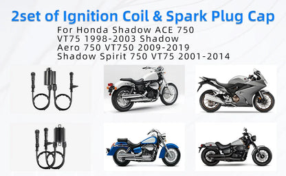 2 x Ignition Coils + Caps for Shadow Spirit 750 (2001-2009)
