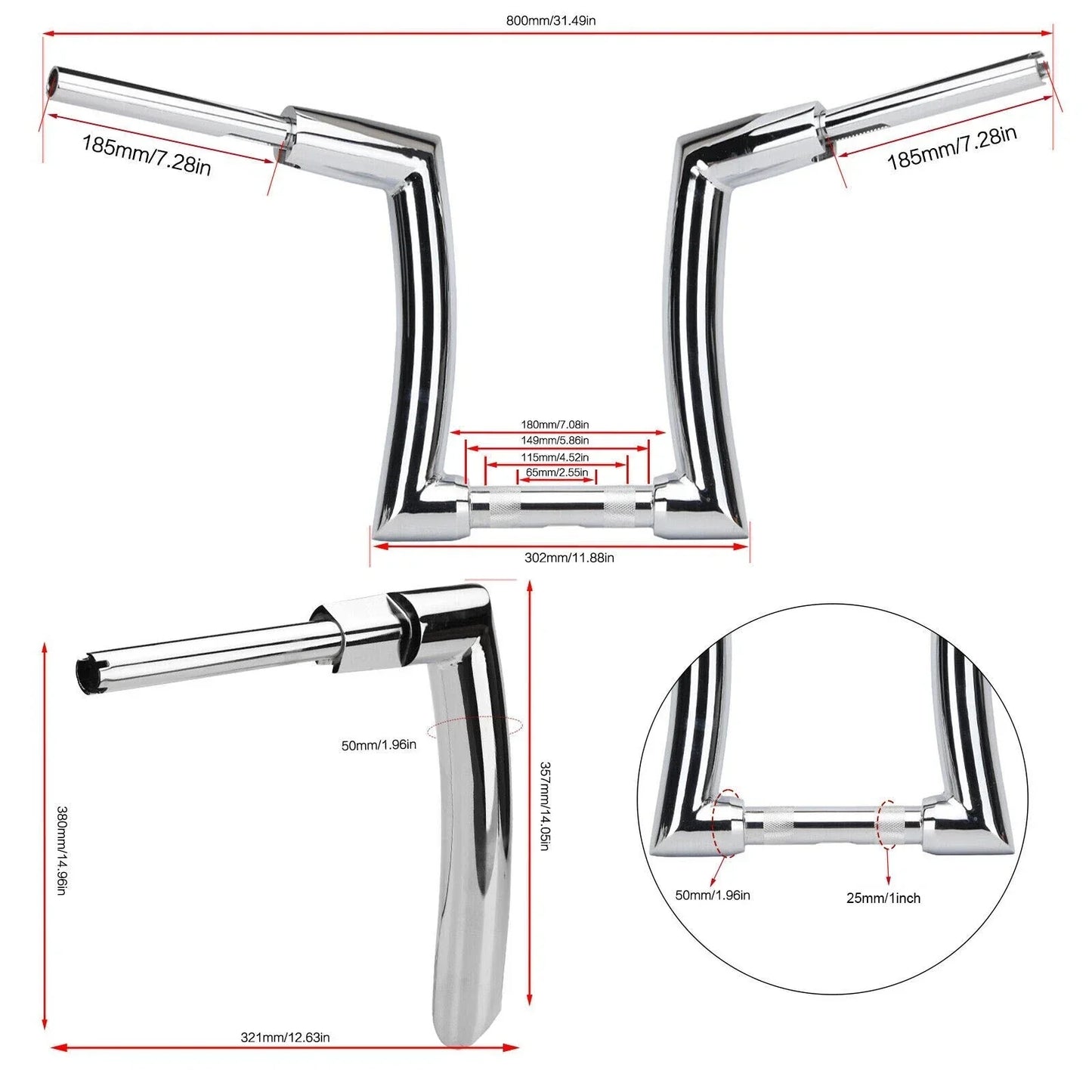 14" Chrome Rise 2" Ape Hanger Handlebar for Harley Sportster, Yamaha Vstar