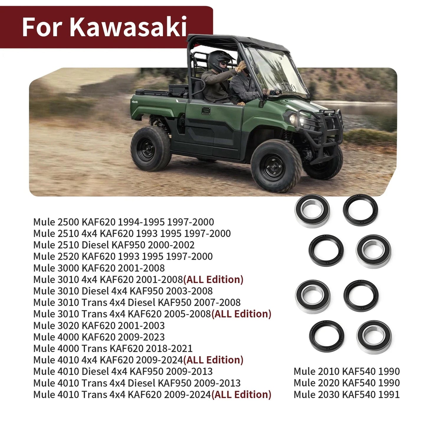 2 x Set Front Wheel Bearings Seals for Kawasaki Mule (2010–2020)