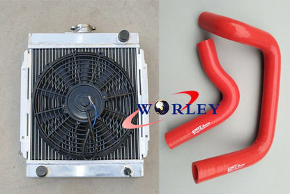 3 Row Aluminum Radiator + Fan + Blue Hose for Datsun 1200 (1970-1976)