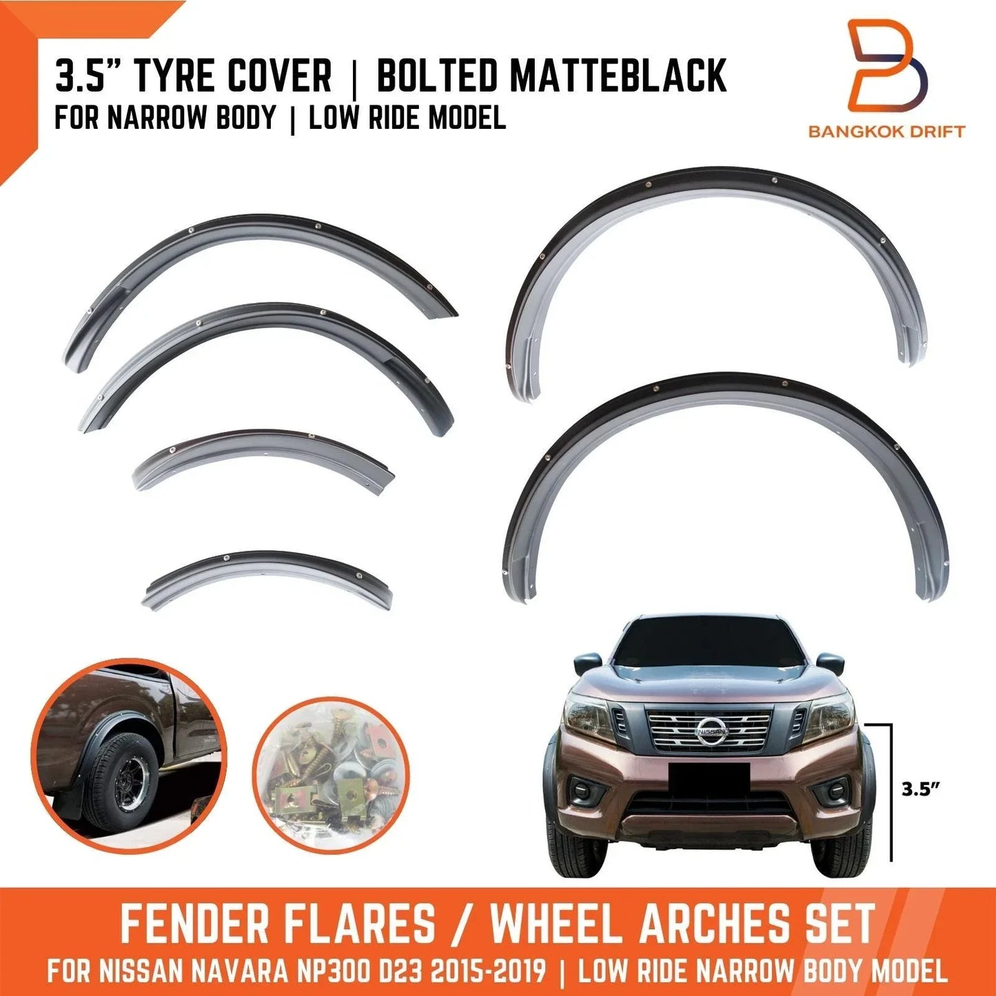 3.5" Tyre Coverage Matte Black Bolted Fender Flares for Nissan Navara (15-19)