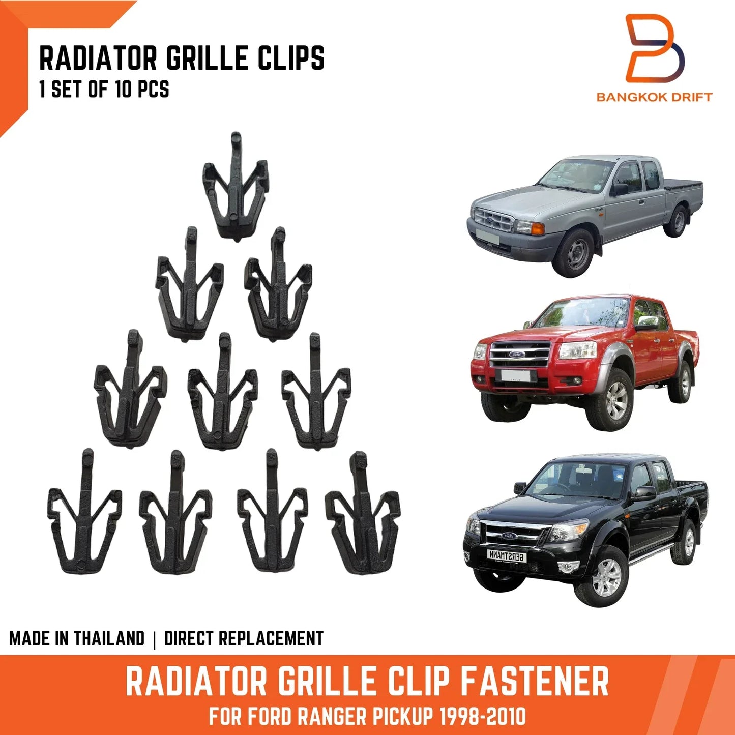 10 x Front Grille Clip Fasteners for Ford Ranger Pickup (1998-2010)