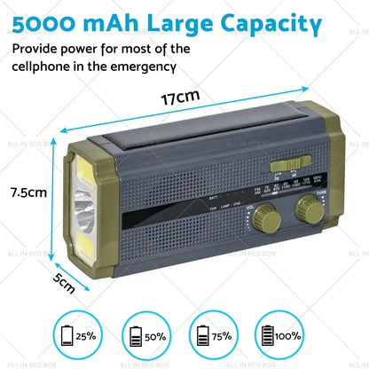 5000mAh Solar Hand Crank Emergency Radio Power Bank Flash Light for All Models