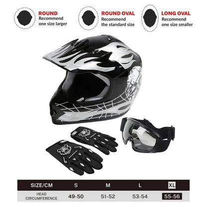 Youth ATV Motocross Dirt Bike Skull Helmet & Goggles Gloves S M L XL
