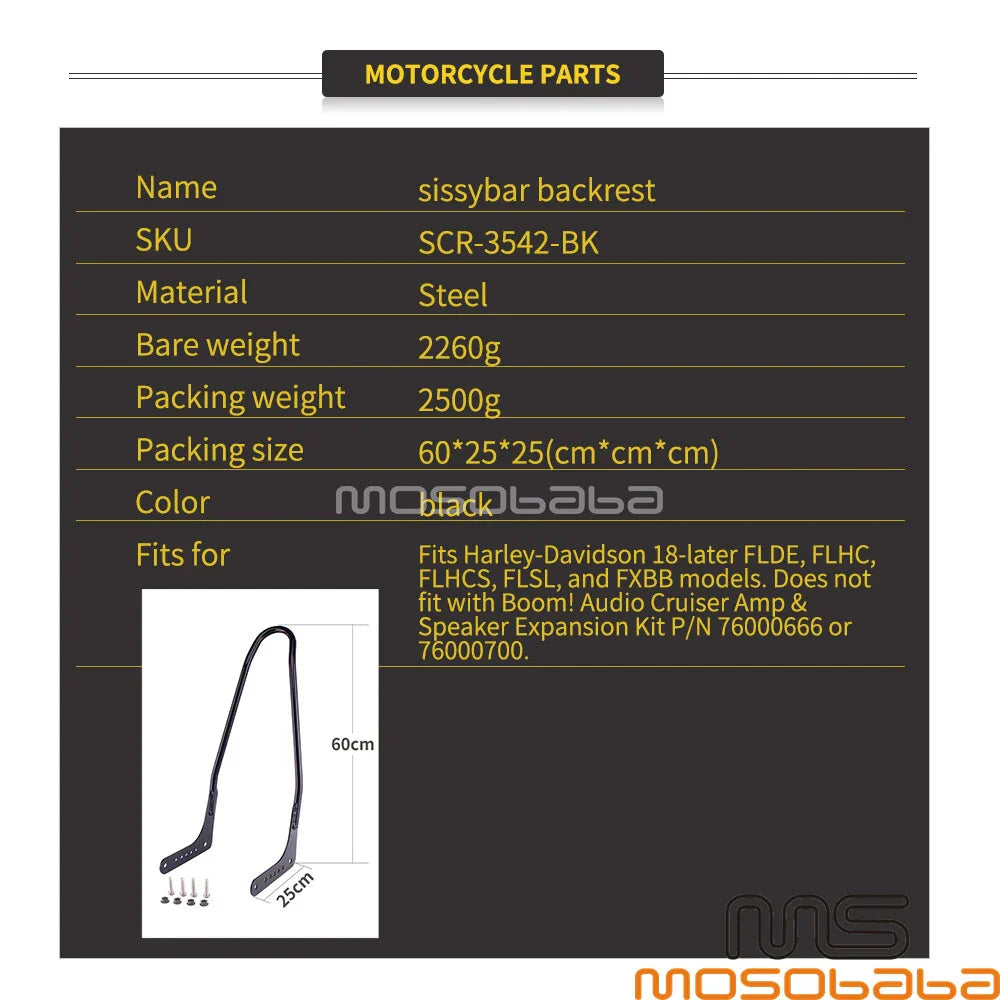Steel Sissy Bar Backrest for Harley Softail Standard FXST, Street Bob FXBB