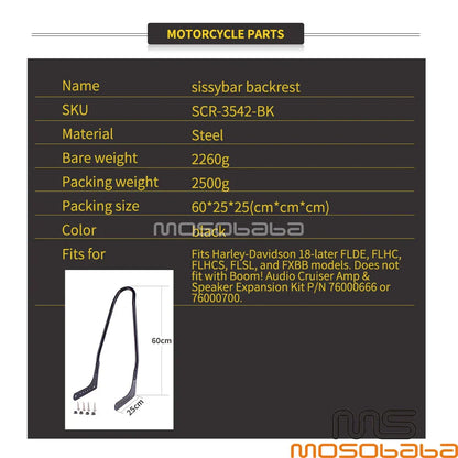 Steel Sissy Bar Backrest for Harley Softail Standard FXST, Street Bob FXBB
