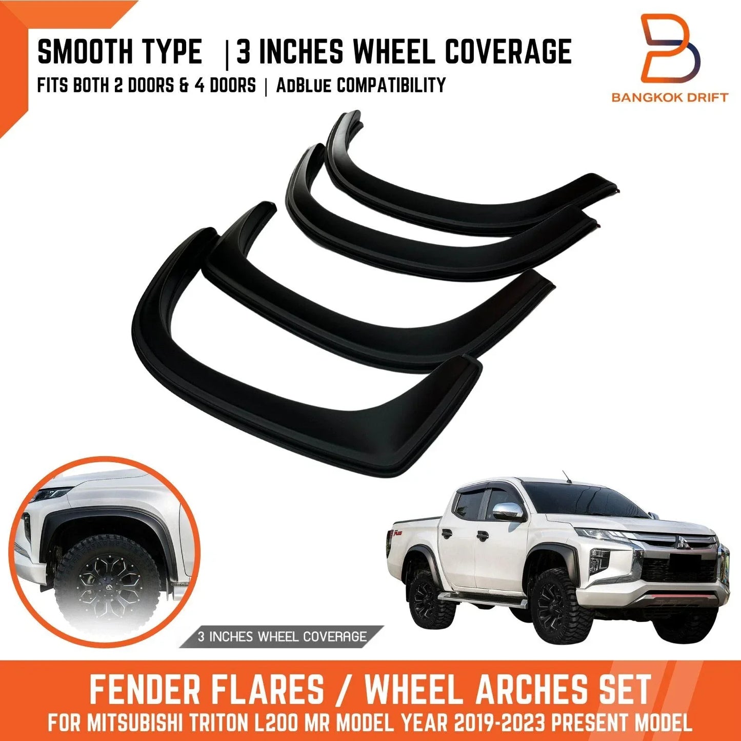 3" Matte Black Slim Fender Flares for Mitsubishi Triton L200 (2019-2023)