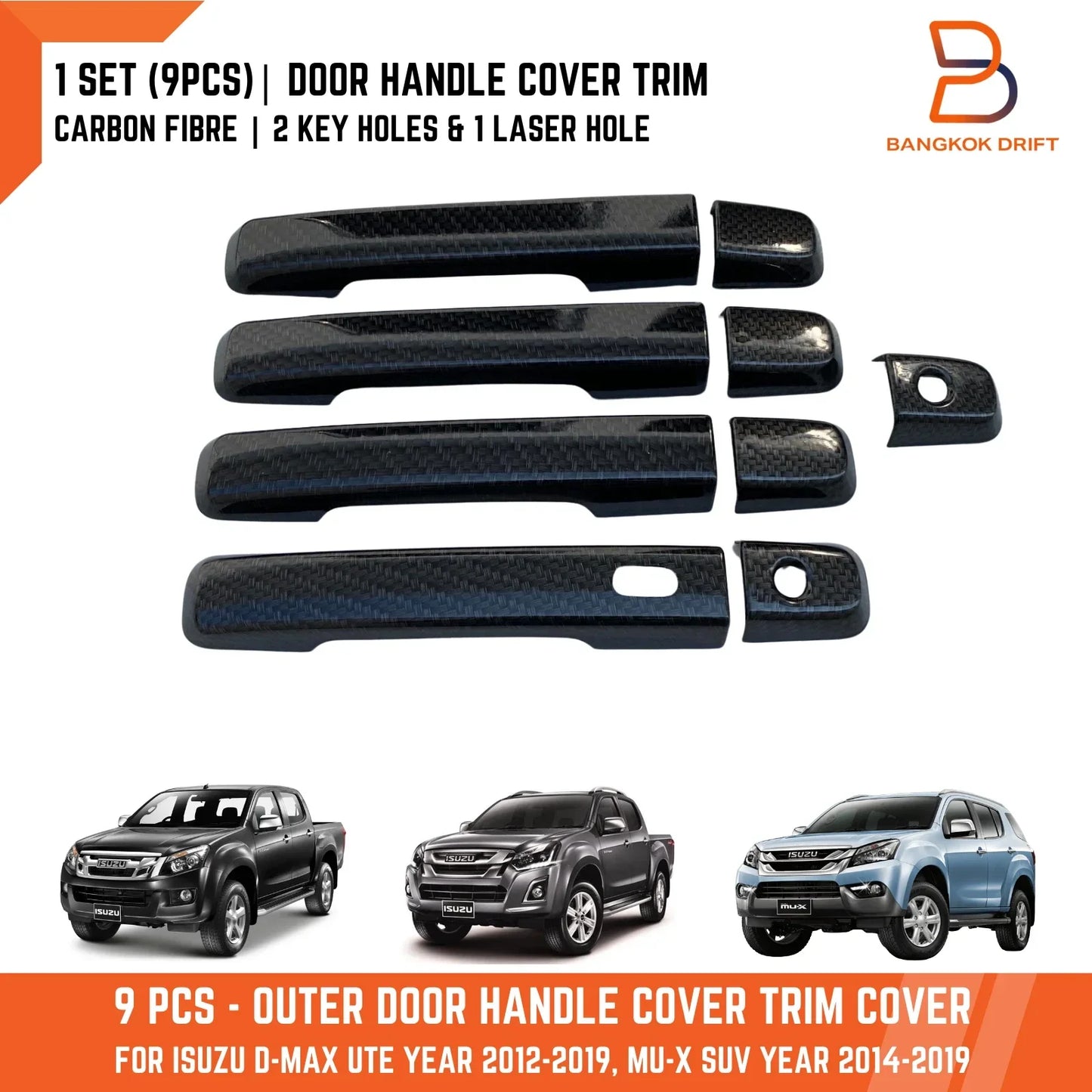 9 x Black Carbon Fiber Door Handle Covers for Isuzu D-Max, MU-X (12-19)