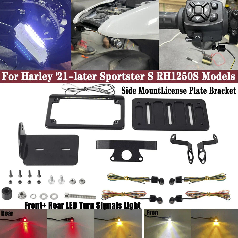 F&R LED Turn Signals & 4"x7" License Plate Holder for Harley Sportster S (2021-2023)