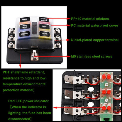 6-Way Blade Fuse Box Block Holder with LED Indicator for Car Marine