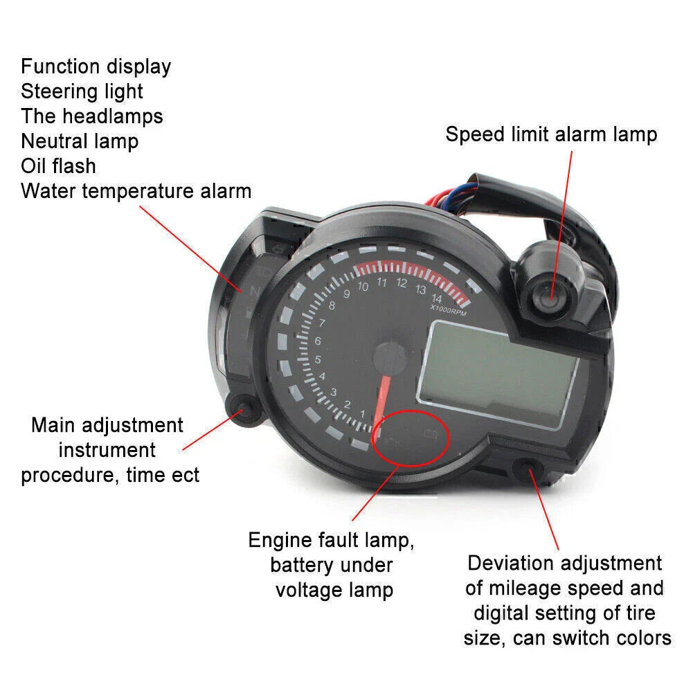 Universal LCD Digit Motorcycle Speedometer Tachometer Odometer 15000rpm