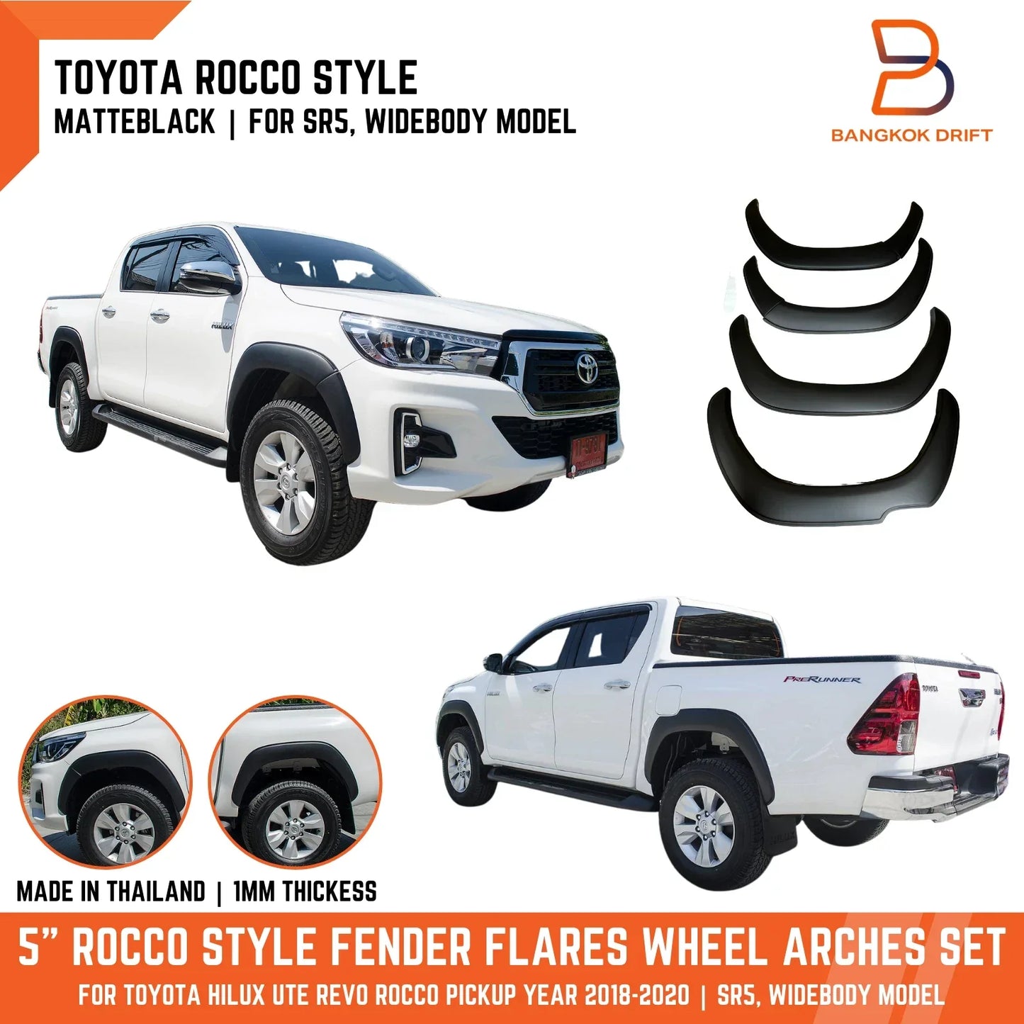 5" Matte Black Fender Flares for Toyota Hilux Ute (2018-2020)