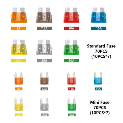 140Pcs Mixed Car Blade Fuse Kit Mini & Medium 5-30 AMP