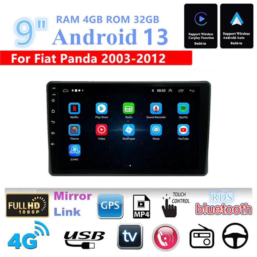 9" Android Stereo Radio GPS for Fiat Panda (2003-2012) 4+32G WiFi RDS FM
