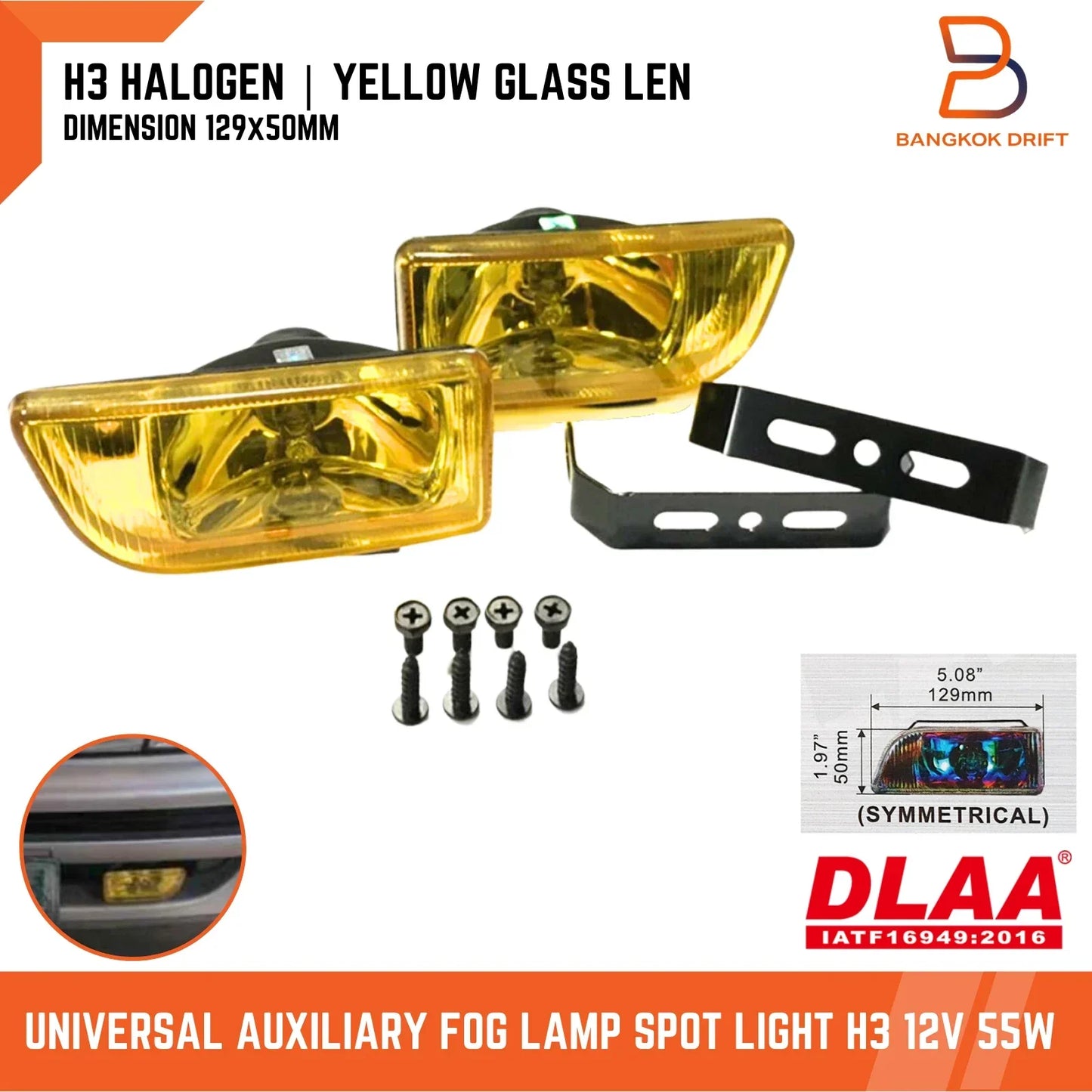 Yellow 2" Universal Car Fog Lamp Spot Light Glass Lens Halogen H3 55W 12V