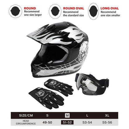 Youth ATV Motocross Dirt Bike Skull Helmet & Goggles Gloves S M L XL