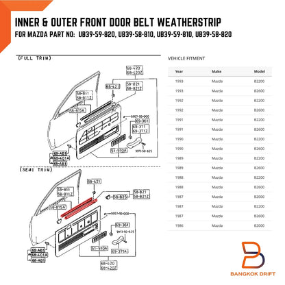 Inner Outer Front Door Weatherstrip Seal for MAZDA B-SERIES UF BRAVO (85-98)