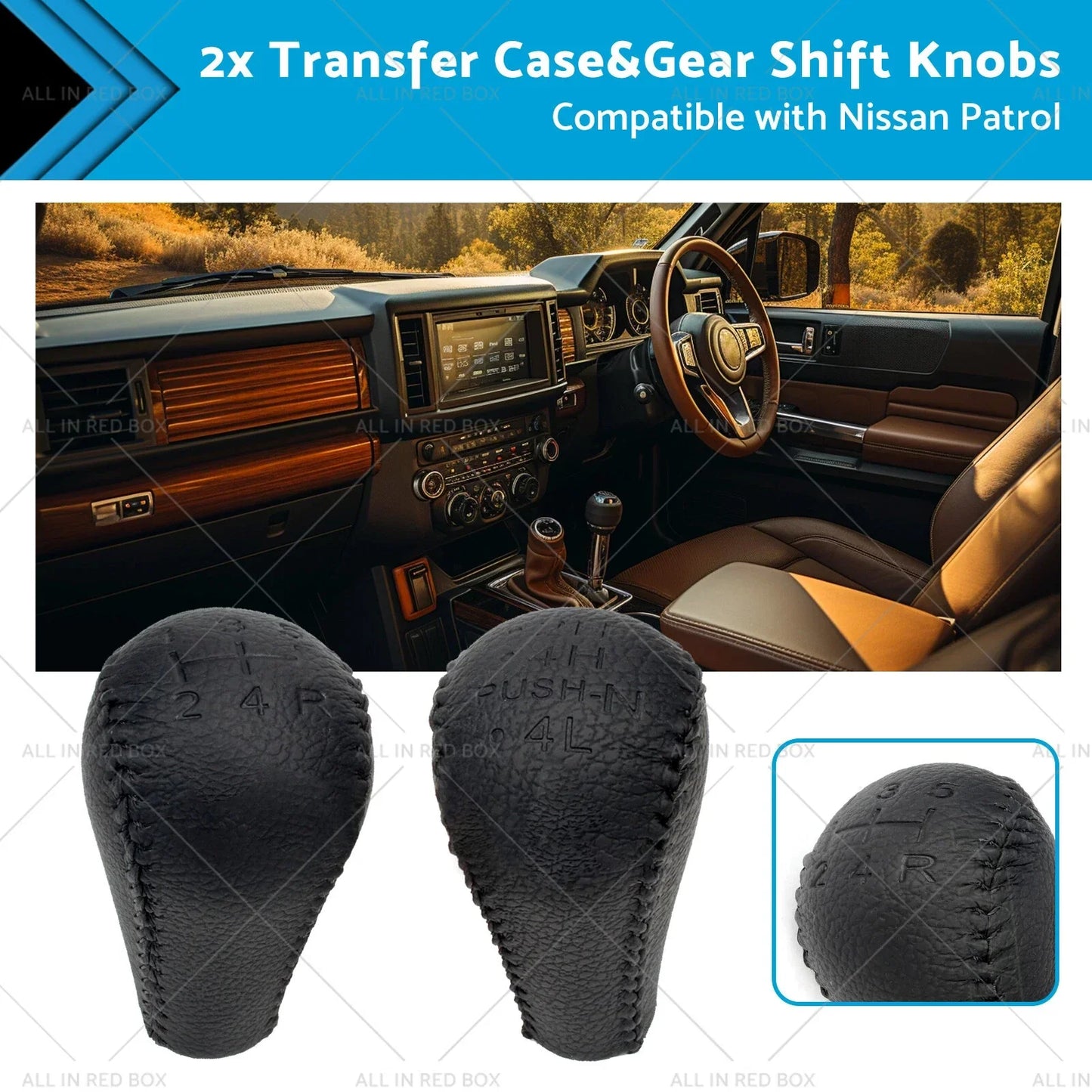 Black Leather Transfer Case & Gear Shift Knobs for Nissan Patrol (1997-2016)