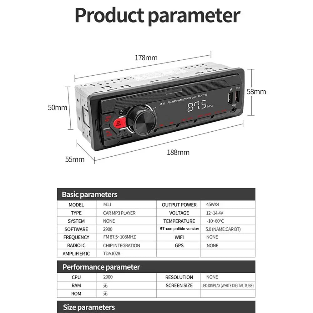 AUX Functionality / 12V / Car MP3 Player with Colorful Lights