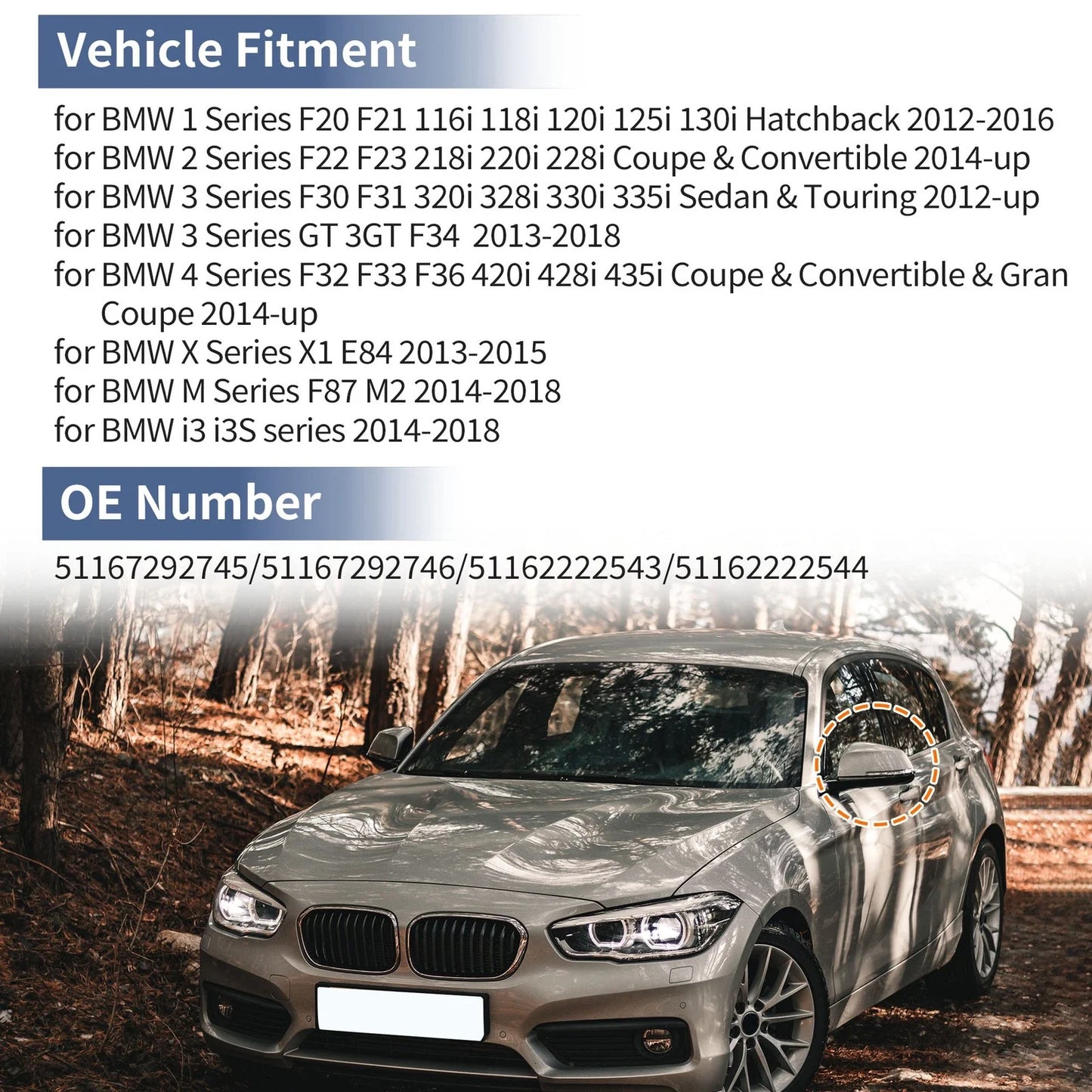 Left/Right Mirror Cover Caps White for BMW 1 Series Hatchback