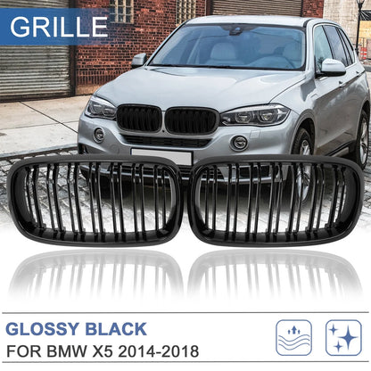 Glossy Black Front Kidney Grill Hood Grille Double Slat for BMW X5 (2014-2018)