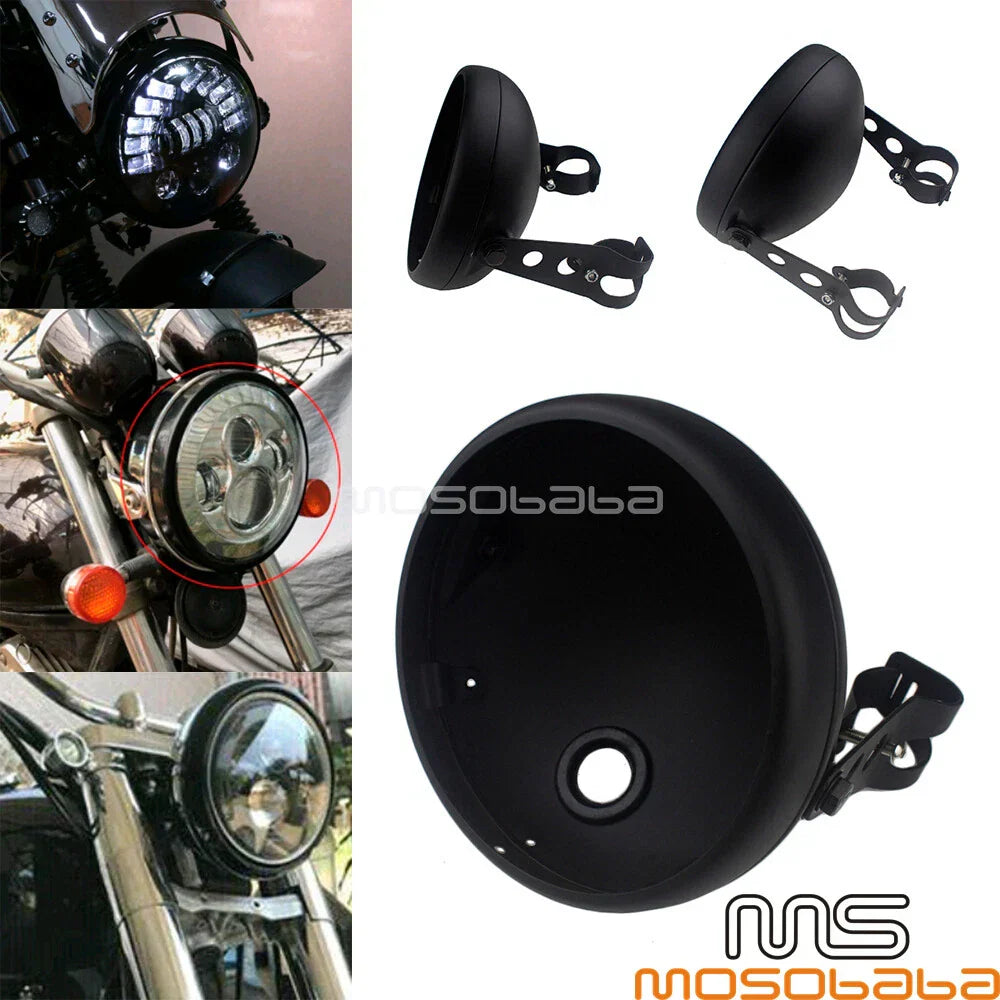 7'' Steel Round Black Headlight Housing w/ Bracket for Universal Motorcycle