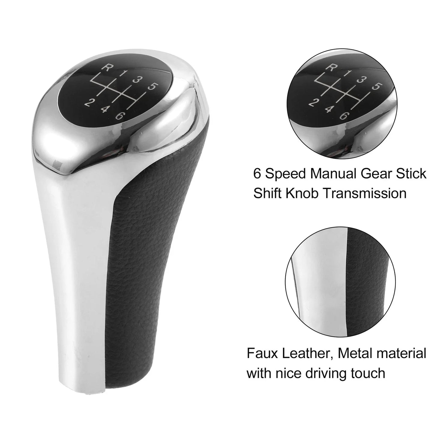 6 Speed Manual Shift Knob Head for BMW X1 E84 Faux Leather Black Silver Tone