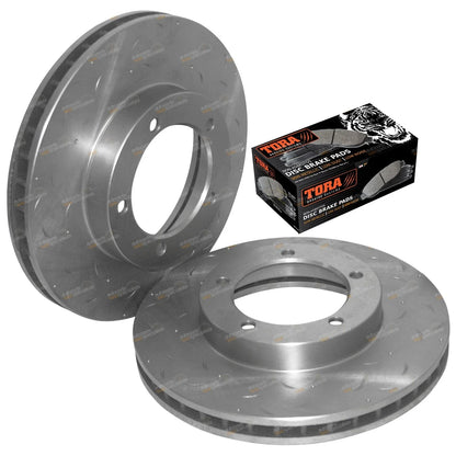 2 x Front Drilled + Slotted Disc Rotors + Brake Pads for Toyota VDJ76/78/79