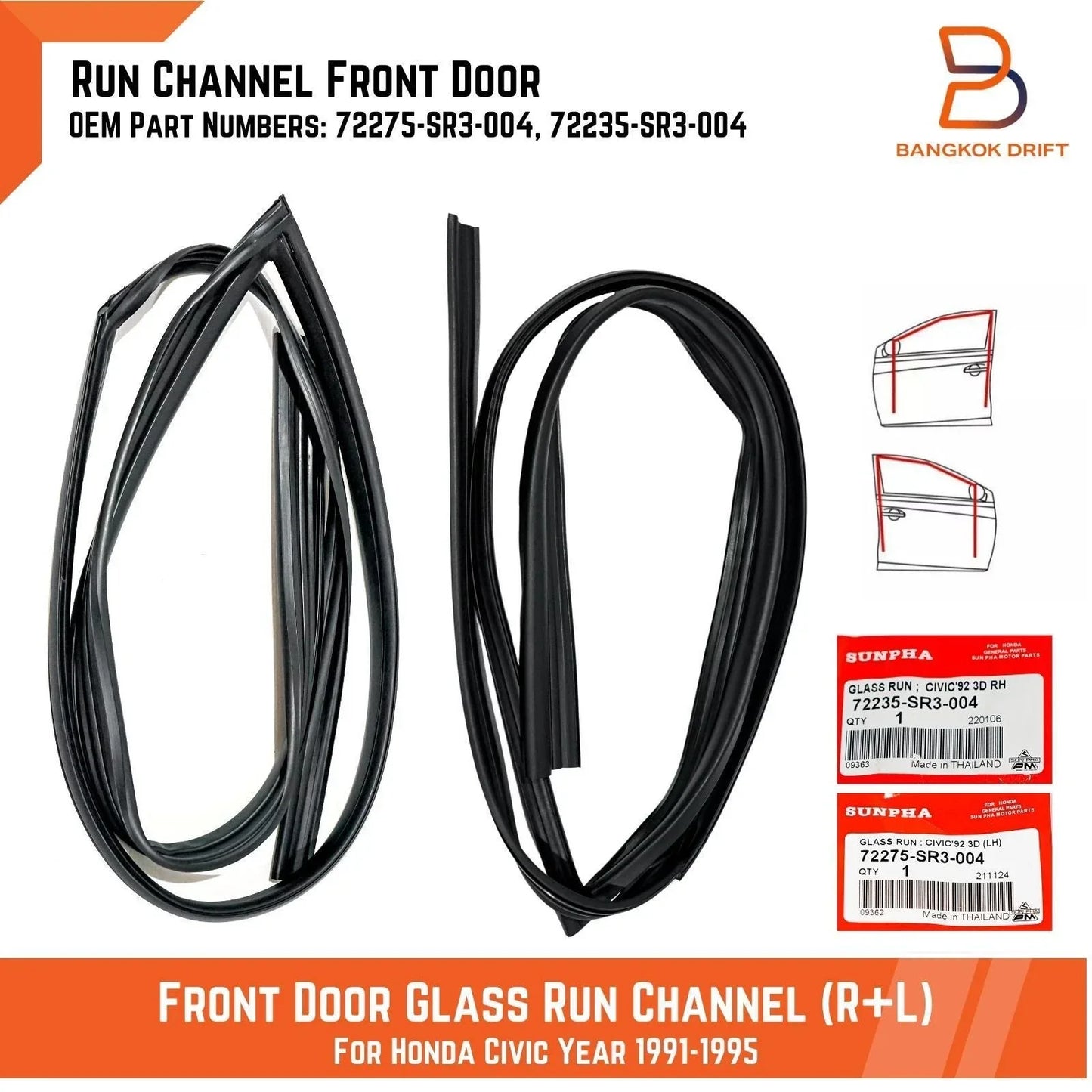 Front Door Glass Run Channel for Honda Civic (1991-1995)