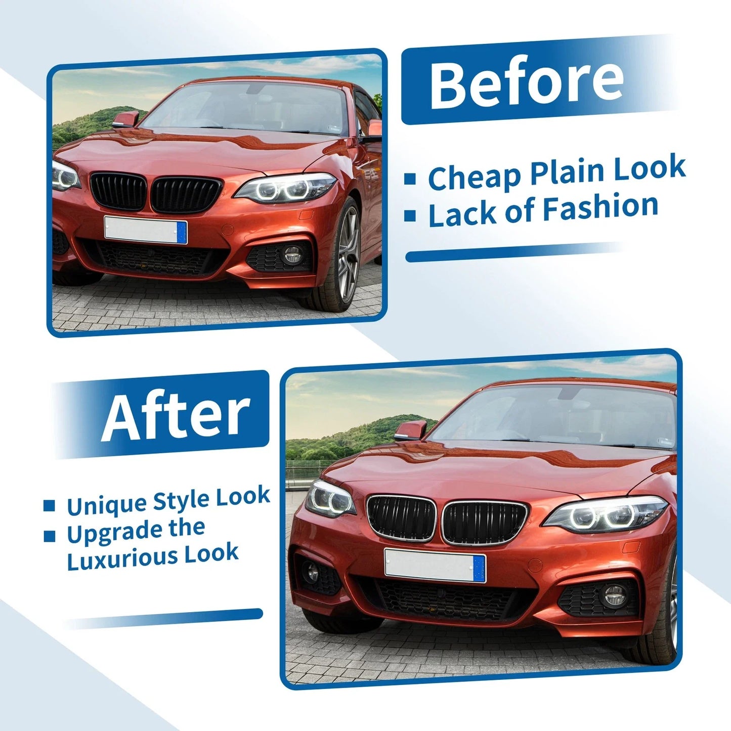 Pair Front Upper Bumper Grille for BMW 2 Series F22 Chrome Silver Tone