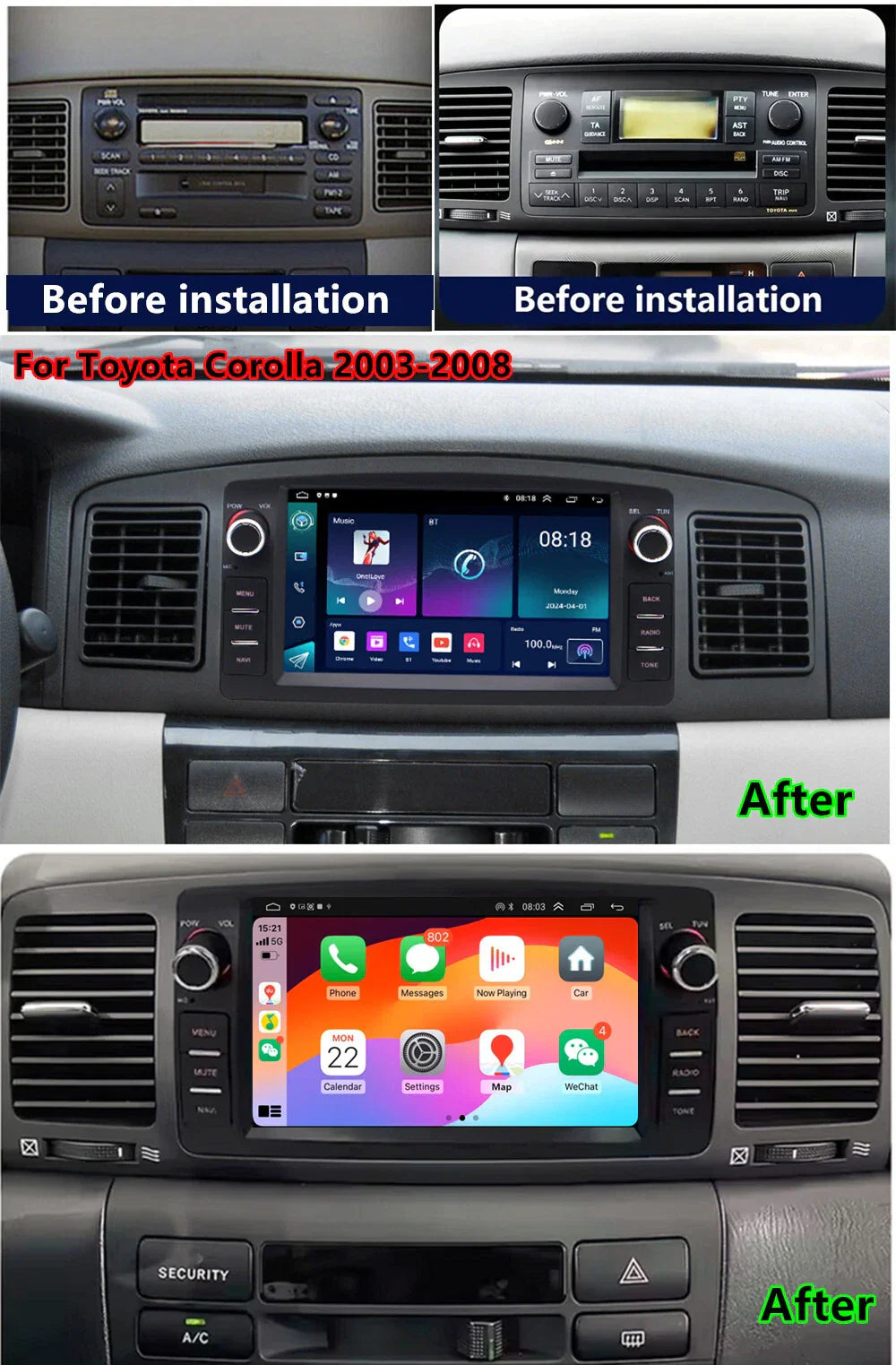 7'' Carplay Stereo Radio GPS Head Unit for Toyota Corolla (2003-2008)