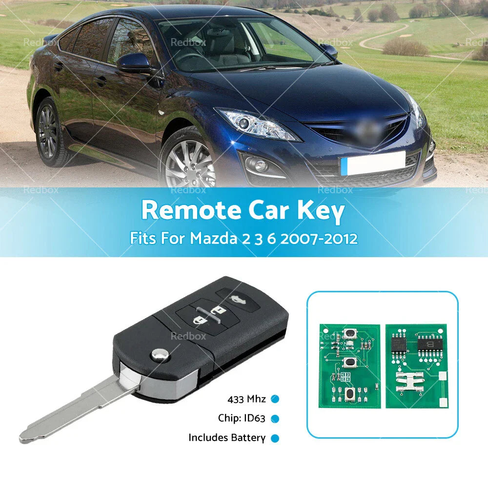 Complete Remote Car Key 433MHz ID63 80Bit Chip 3 Buttons for Mazda 2 3 6 (2003-2023)