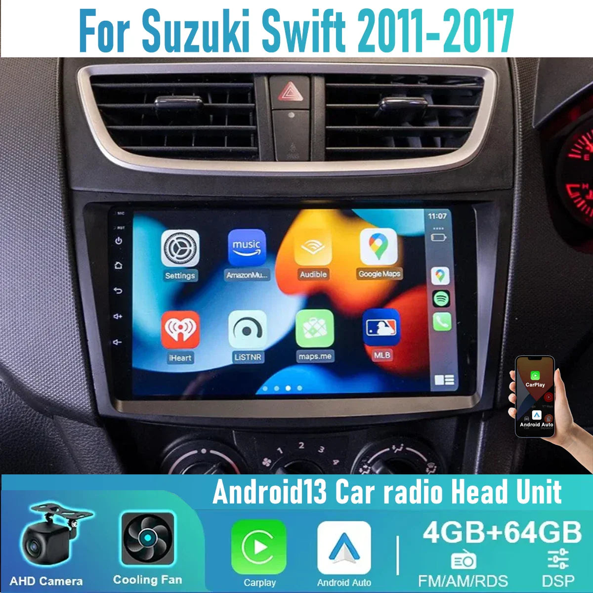 4-64GB Wireless CarPlay Android Auto Radio for Suzuki Swift (2012-2017)