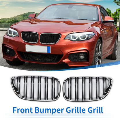 Pair Front Upper Bumper Grille for BMW 2 Series F22 Chrome Silver Tone