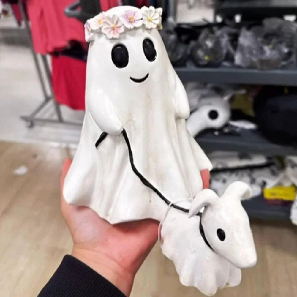 Cute Halloween Ghost Walking Dog Statue Decorations for Indoor Outdoor