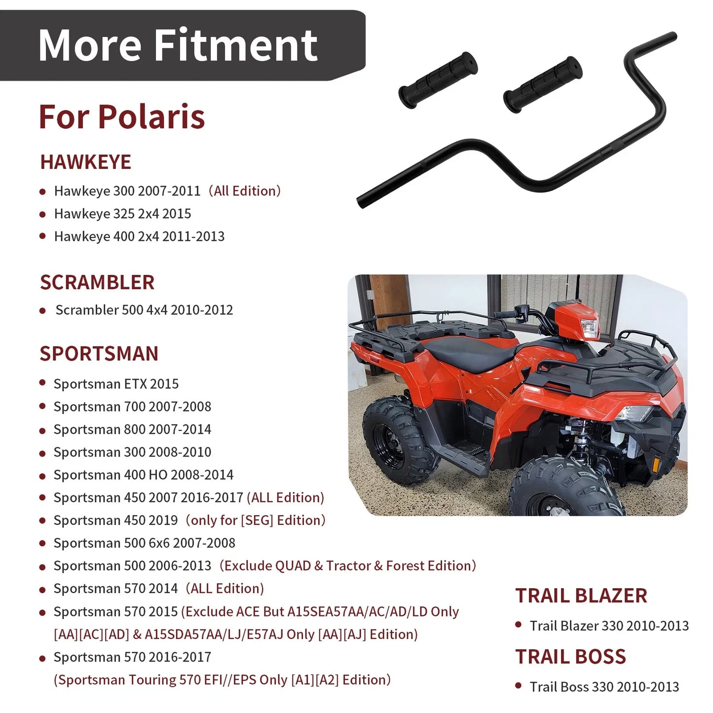 Handlebar w/Grips for Polaris Sportsman 300/400 HO (2008–2014)