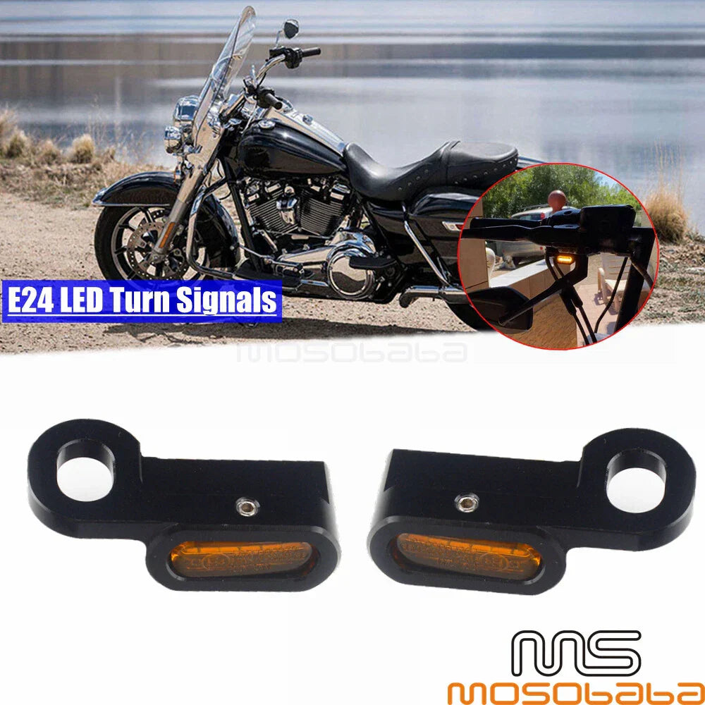 Black E4 LED Mini Front Turn Signal Lights for Harley Touring (2014-2021)