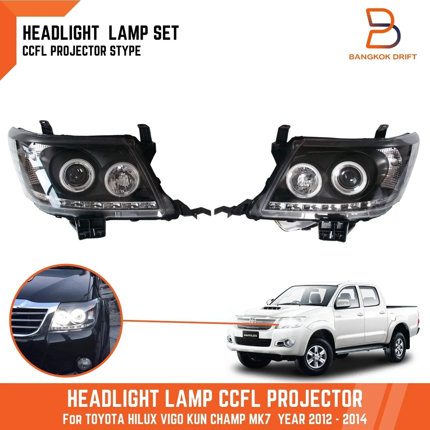 CCFL Projector Headlights Angel Eyes Black for Toyota Hilux SR5 (2011-2014)