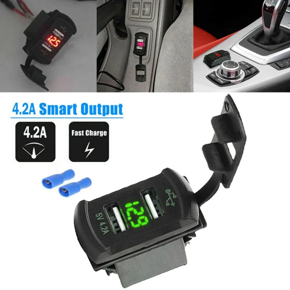 LED Dual USB Charger with Voltmeter Rocker Switch DC12V for Car