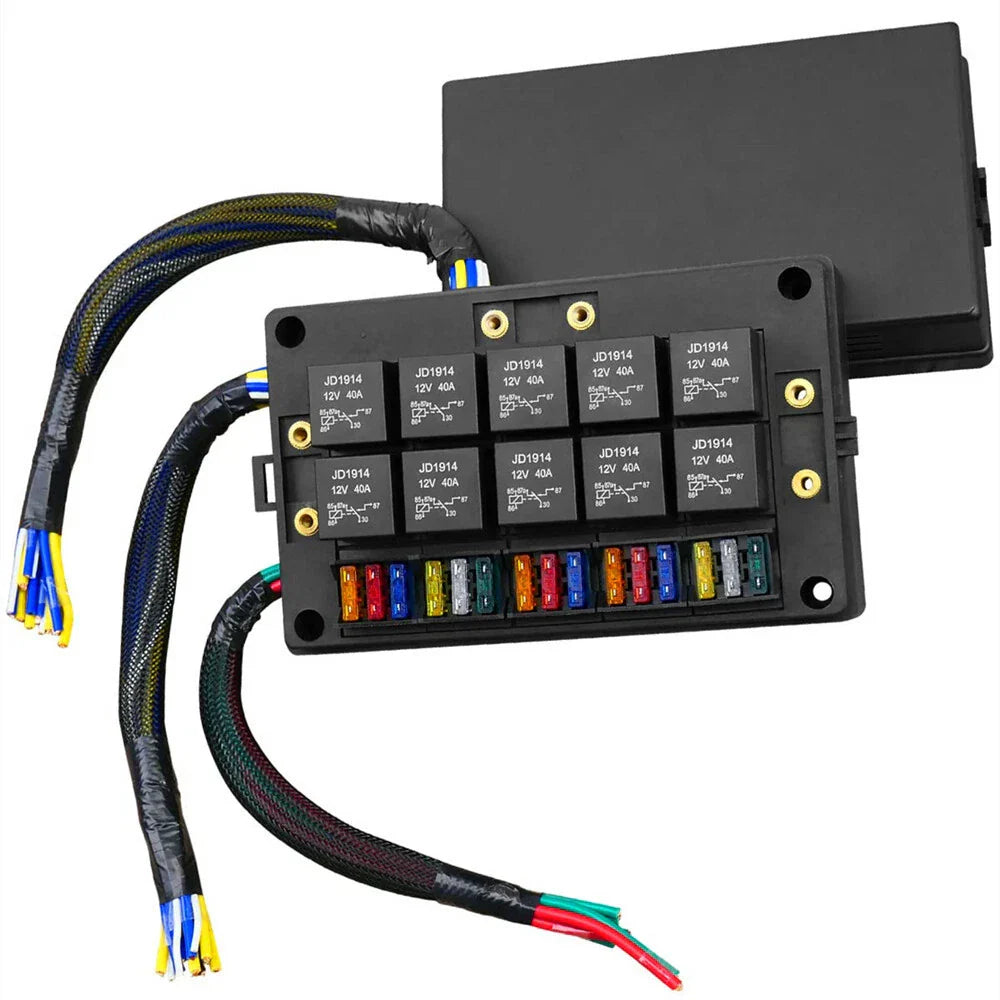 10 x 5-Pin 40A Relay & 15 Fuses Pre-Wired Fuse Relay Box for Car RV Truck Boat